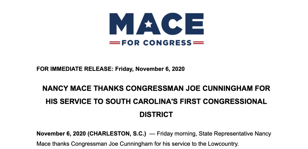 Nancy Mace Thanks Congressman Joe Cunningham For His Service to South Carolina’s First Congressional District