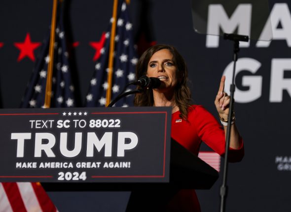 Mandatory Credit: Photo by HUNTER CONE/EPA-EFE/Shutterstock (14348551z)
Congresswoman Nancy Mace speaks to supporters of former US President and Republican presidential candidate Donald Trump during a 'Get Out The Vote Rally' campaign event at the Charleston Area Convention Center in North Charleston, South Carolina, USA, 14 February 2024. Trump is running against former South Carolina Governor Nikki Haley in the South Carolina Republican Presidential Primary on 24 February 2024.
Former US President and Republican US presidential candidate Donald Trump campaigns in North Charleston, South Carolina, USA - 14 Feb 2024
